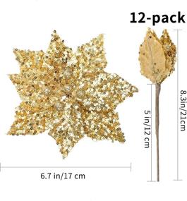 img 3 attached to 🎄 Sparkling Glitter Gold Christmas Poinsettia Burlap Ornaments: 12-Pack of 6.7Inch Large Yellow Artificial Flowers for Holiday Decorations