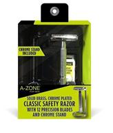 a-zone for men classic safety razor: premium brass, chrome plated razor set with 12 precision blades & chrome stand logo