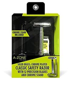 img 2 attached to A-Zone For Men Classic Safety Razor: Premium Brass, Chrome Plated Razor Set with 12 Precision Blades & Chrome Stand