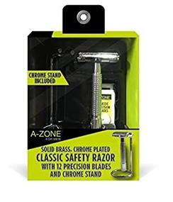 img 1 attached to A-Zone For Men Classic Safety Razor: Premium Brass, Chrome Plated Razor Set with 12 Precision Blades & Chrome Stand