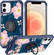 iphone 12 pro max case pink floral design with ring holder kickstand 360 degree screen protector (work with magnetic car mount) women cute fashion flower cover case for iphone 12 pro max 6 logo