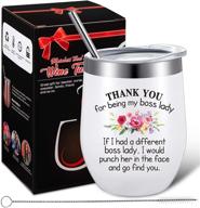 boss appreciation gifts - thank you boss tumbler for women | novelty christmas & birthday coffee mug for lady bosses | 12 oz insulated vacuum wine tumbler with straw lid and brush (white) логотип