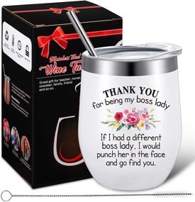 img 4 attached to Boss Appreciation Gifts - Thank You Boss Tumbler for Women | Novelty Christmas & Birthday Coffee Mug for Lady Bosses | 12 oz Insulated Vacuum Wine Tumbler with Straw Lid and Brush (White)