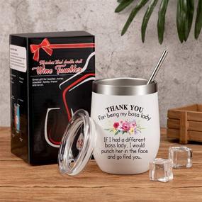 img 1 attached to Boss Appreciation Gifts - Thank You Boss Tumbler for Women | Novelty Christmas & Birthday Coffee Mug for Lady Bosses | 12 oz Insulated Vacuum Wine Tumbler with Straw Lid and Brush (White)