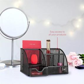 img 3 attached to 💄 Black Makeup Organizer with 6-Compartment and Pull Out Drawer - Countertop Cosmetic Storage Box Caddy, Bathroom & Bedroom Display Case for Makeup, Lipstick, Brushes, Mirror - The Mesh Collection