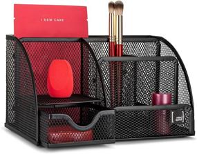 img 4 attached to 💄 Black Makeup Organizer with 6-Compartment and Pull Out Drawer - Countertop Cosmetic Storage Box Caddy, Bathroom & Bedroom Display Case for Makeup, Lipstick, Brushes, Mirror - The Mesh Collection