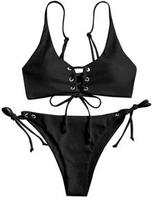 img 4 attached to 👙 ZAFUL Ribbed Braided String Bikini with Lace Up Criss Cross – Square Collar High Cut Swimsuit