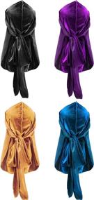 img 2 attached to 🎩 4-Piece Set of Men's Velvet Durags with Extended Tail | Soft Durag Headwraps for 360 Waves – Black, Green, Red, Royal Blue