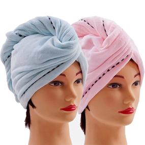 img 4 attached to 👩 2-Pack Quick Dry Hair Towel Wraps for Women - Microfiber Anti-Frizz Head Turbans with Button for Long, Thick & Curly Hair - Super Absorbent & Soft - Blue & Pink