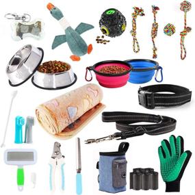 img 4 attached to Small Dog Puppy Starter Kit - 24 Piece Set, Includes Dog Toys, Bed Blankets, Grooming Tool, Training Supplies, Leashes, Feeding Accessories