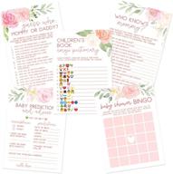 floral baby shower game set, 5 games, 50 sheets each, fun baby shower games & activities, baby prediction and advice, emoji, bingo, who knows mommy, guess who games logo