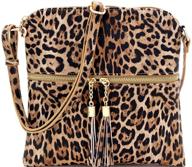 vegan leather leopard print crossbody bag with tassel accent and multiple pockets, ideal for small to medium-sized essentials logo