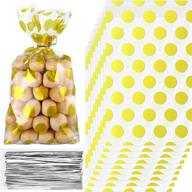200-piece gold polka dot cellophane bags with twist ties - ideal party treat candy bags, cookie snack wrapping, wedding gift - 8.3 x 5.1 x 1.6 inch - party supplies logo