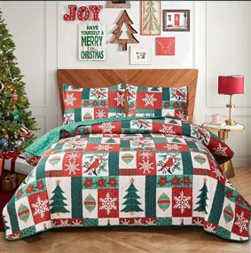 img 4 attached to Full/Queen Size Red Green Christmas Plaid Quilts: Soft Lightweight Reversible Snowflake Christmas Tree Bedspread Coverlet with Bird Print; Xmas Plaid Patchwork Bedding Set Including Pillow Shams