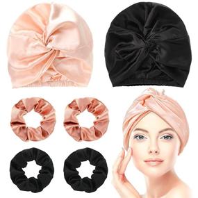 img 4 attached to 🌙 6-Piece Silk Hair Bonnet & Scrunchy Set for Sleeping - Soft Silk Hair Wrap, Sleep Cap & Ponytail Holder Combo (Pink, Black, Rose Gold)