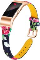 🌸 joyozy leather band for fitbit charge 2: slim classic genuine leather wristband fitness strap women men - floral a design with rosegold buckle logo