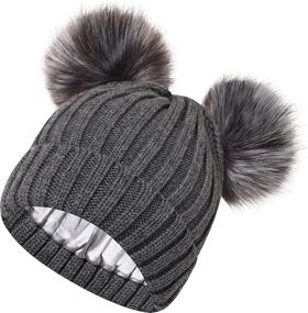 img 4 attached to Stay Cozy and Chic with Roniky Womens Winter Hat: Cable Knit, Silk Satin Lined Beanie with Double Faux Fur Pom Pom Ears for Women and Girls