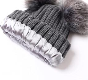 img 2 attached to Stay Cozy and Chic with Roniky Womens Winter Hat: Cable Knit, Silk Satin Lined Beanie with Double Faux Fur Pom Pom Ears for Women and Girls