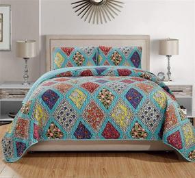 img 1 attached to 🛏️ Luxurious 3 Piece King/Cal King Quilted Reversible Multi-Color Coverlet Bedspread Set - Floral Printed Blue Red Pink Yellow Orange (King/Cal King)