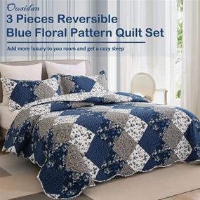 img 3 attached to 🛏️ Ousidan 3-Piece King Size Quilt Set - Blue Floral Pattern Bedding - Soft Microfiber Bedspread Coverlet with 2 Pillow Shams - Lightweight Reversible Coverlet Set - 106x96 Inches