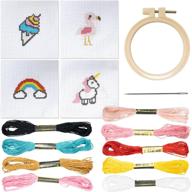 🧵 beginner cross stitch kits set - 3 inch, 4 pack - cute rainbow, ice cream, unicorn & flamingo embroidery starter kit for adults. complete with instructions, thread, needlepoint hoop, and cloth logo