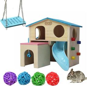 img 4 attached to 🐹 kathson Wooden Two-Layer Small Animal Hideouts for Dwarf Hamsters - House with Climbing Ladder, Slide, Play Swing Toys, and Rattan Chews - Ideal for Mice, Syrian Hamsters