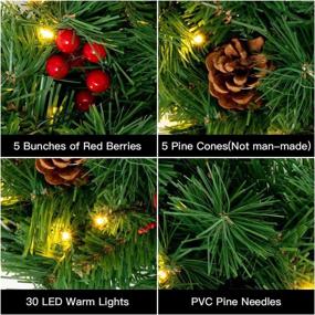 img 1 attached to Enhance Your Holiday Décor with 24IN 2FT Christmas Wreaths: DEWBIN Artificial Christmas Door Wreath with 30 LED Lights, Red Berries, Pine Cones, Timer for Indoor/Outdoor Xmas Decorations