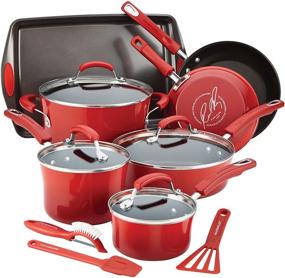 img 4 attached to Rachael Ray Red Hard Enamel Nonstick 14-Piece Cookware Set