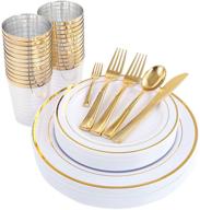 wdf 25 guest gold plastic plates, silverware, and cups set - includes 25 dinner plates, 25 salad plates, 50 forks, 25 knives, 25 spoons, plastic cups, and 25 bonus mini forks (dinnerware) logo