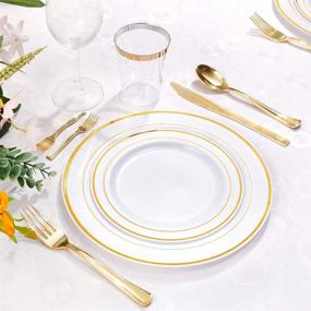 img 1 attached to WDF 25 Guest Gold Plastic Plates, Silverware, and Cups Set - Includes 25 Dinner Plates, 25 Salad Plates, 50 Forks, 25 Knives, 25 Spoons, Plastic Cups, and 25 Bonus Mini Forks (Dinnerware)