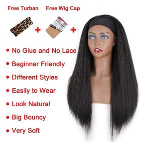 img 2 attached to 🎉 22 Inch PWEOUKE Yaki Straight Headband Synthetic Wig - Glueless Kinky Headband Wigs for Black Women - Natural Black, None Lace Front - Ideal for Daily Party, 1B