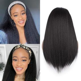 img 3 attached to 🎉 22 Inch PWEOUKE Yaki Straight Headband Synthetic Wig - Glueless Kinky Headband Wigs for Black Women - Natural Black, None Lace Front - Ideal for Daily Party, 1B