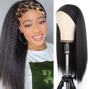 img 4 attached to 🎉 22 Inch PWEOUKE Yaki Straight Headband Synthetic Wig - Glueless Kinky Headband Wigs for Black Women - Natural Black, None Lace Front - Ideal for Daily Party, 1B