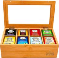 organic bamboo tea box organizer - 8-compartment tea bag holder with transparent glass lid - natural wood finish tea storage organizer | dimensions provided - double packaging for safe delivery logo