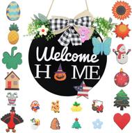 🏡 versatile welcome sign for front door - seasonal round wood wreaths for farmhouse wall hanging on outdoor porch, ideal for halloween, christmas, and winter decor with 25 icons логотип