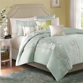 img 4 attached to 🌸 Madison Park Athena Queen Size Bed Comforter Set in Seafoam Green: 7-Piece Floral Jacquard Bedding – Ultra Soft Microfiber Bedroom Comforters (MP10-001)