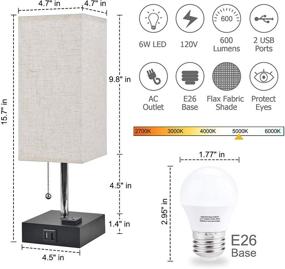 img 1 attached to Daylight USB Bedside Table Lamp for Bedroom, Modern Nightstand Lamp with Charging Ports and AC Outlet - Hansang Cuboid Fabric Linen Lampshade with Pull Chain, Includes E26 Base Light Bulb