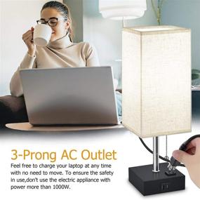 img 2 attached to Daylight USB Bedside Table Lamp for Bedroom, Modern Nightstand Lamp with Charging Ports and AC Outlet - Hansang Cuboid Fabric Linen Lampshade with Pull Chain, Includes E26 Base Light Bulb