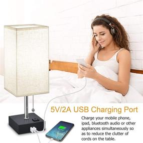 img 3 attached to Daylight USB Bedside Table Lamp for Bedroom, Modern Nightstand Lamp with Charging Ports and AC Outlet - Hansang Cuboid Fabric Linen Lampshade with Pull Chain, Includes E26 Base Light Bulb