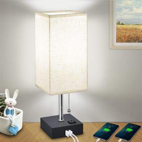 img 4 attached to Daylight USB Bedside Table Lamp for Bedroom, Modern Nightstand Lamp with Charging Ports and AC Outlet - Hansang Cuboid Fabric Linen Lampshade with Pull Chain, Includes E26 Base Light Bulb