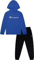 🩳 comfortable and stylish: champion kids boys long sleeve hooded and crew neck tee shirt and fleece jogger sweatpant 2 piece set for trendy kids logo