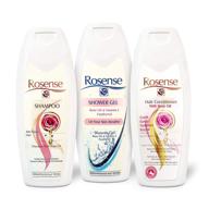 complete shower experience with rosense shampoo, conditioner, and shower gel bath set logo