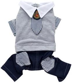 img 4 attached to 🐾 SELMAI Pet Costume for Small Dog: Cute British Style School Uniform with Stripe Tie - Cat Jumpsuit & Puppy Grey Sweater Pants Outfit; Denim Jeans with Pocket in Soft Cotton - Perfect Party Clothes