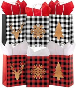 img 4 attached to 🎁 Whaline 24pcs Christmas Gift Bags | Red Black Buffalo Plaid Kraft Paper Bag | Snowflake Reindeer Xmas Tree Candy Treat Bags | Reusable Grocery Goodie Bags for Party Favor | 6 Design + Tissue Paper