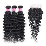 👩 josua hair 9a brazilian deep wave bundle: 100% волосы "virgin human hair" с закрытием из кружева 4х4 - натуральный цвет (12 14 16+10) логотип