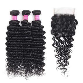 img 4 attached to 👩 JOSUA Hair 9A Brazilian Deep Wave Bundle: 100% Волосы "Virgin Human Hair" с Закрытием из Кружева 4х4 - Натуральный Цвет (12 14 16+10)