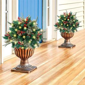 img 3 attached to 🎄 Glintoper Lighted Artificial Christmas Urn Filler: Pre-lit Xmas Pine Trees with Cones, Golden & Red Berries, Tripod Stake, 60 LED Lights - Outdoor Light Up Planter Filler Holiday Home Decor, 2 Pack