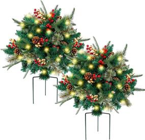 img 4 attached to 🎄 Glintoper Lighted Artificial Christmas Urn Filler: Pre-lit Xmas Pine Trees with Cones, Golden & Red Berries, Tripod Stake, 60 LED Lights - Outdoor Light Up Planter Filler Holiday Home Decor, 2 Pack