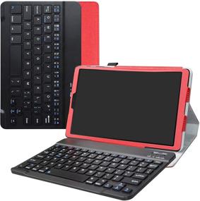 img 4 attached to Premium Red PU Leather Keyboard Case for Galaxy Tab A 10.1 2019 - Slim Stand Design, Romovable Wireless Keyboard - SM-T510 / SM-T515 Compatible