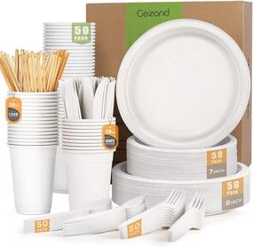 img 4 attached to 🍽️ Gezond 350pcs Disposable Paper Plates Set for 50 Guests - Compostable, Biodegradable Cutlery, Cups and Straws (Cream)